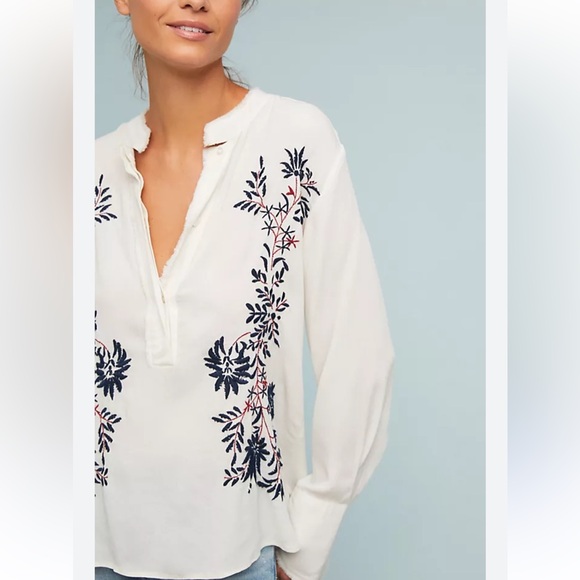 Anthropologie Sheer White Blouse with Navy and Red Floral Embroidery - Picture 2 of 8